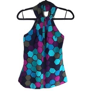 Trina Turk 100% Silk Colorful Geometric Hexagon Print Halter Top Size 0